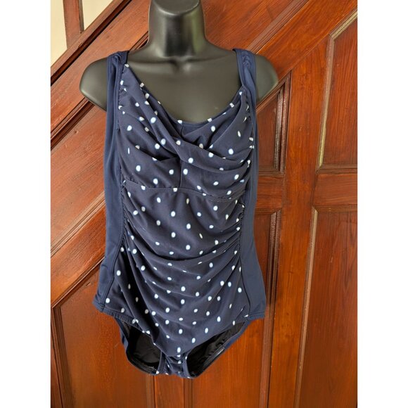Gabar Polka Dot One-Piece Swimsuit Navy Polka Dot Ruched Front Womens Size 18 - Picture 1 of 3